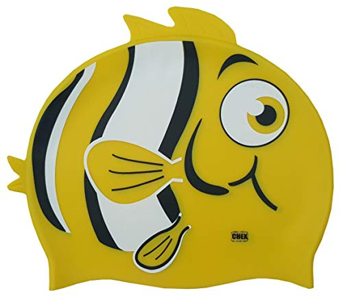 CHEX Stretchig silikon unisex flickor pojkar 3-7 år ett stycke badmössa randig fisk dubbelfena tryck design en storlek dra på badmössa (gul)