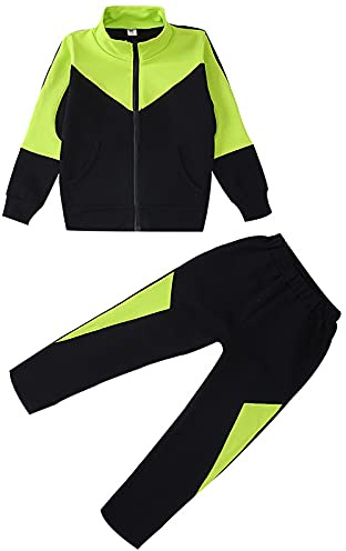 amropi Niña Chándales Traje Deportivo Chaqueta y Joggers Pantalones 2 Piezas Conjunto de Ropa Verde Negro,7-8 años