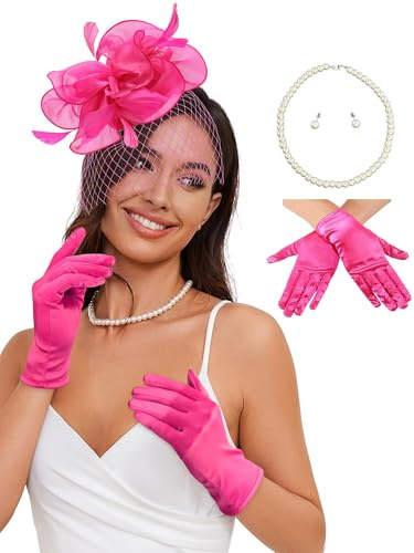 Ibeauti Fascinator Hats with Screentouch Lace Gloves Set for Women Tea Party Cocktail Wedding Derby Headwear Short Gloves (04 Hot Pink)