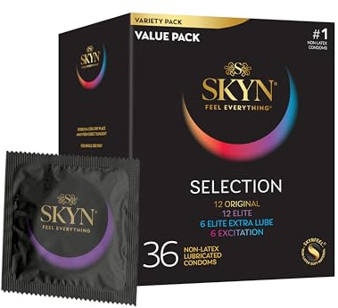 SKYN Selection Non-Latex Condoms, Regular Fit Variety Pack Contains SKYN Elite, Original, Excitation, Extra Lube, Condoms, 36 Count