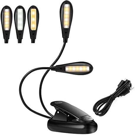 Honiwu Leselampe Buch, 14 LED klemmleuchte USB Wiederaufladbare, Doppelkopf 360° Flexibel Schwanenhals Lampe, 3 Farbtemperatur 3 Helligkeit Notenpultleuchte für Nacht Bett Buch