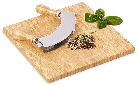 Relaxdays Hachoir Berceuse avec Planche, Bambou & Acier Inoxydable, Couteau à Double Lame, 25x25 cm, Nature - argenté