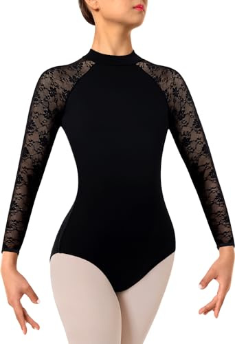 DANSHOW Damen Spitze Ballett Trikot für Tanz Mock Neck, Erwachsene Wassertropfen Hohl Rücken Turn-Leotards für Damen(7029-06-XL)