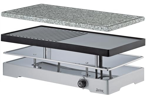 Spring RACLETTE8 CLASSIC DUO Raclette 8 persone | Barbecue elettrico | piastra in alluminio antiaderente e granito con scanalatura | 8 padelle, 8 raschietti per raclette | piano di ripostiglio