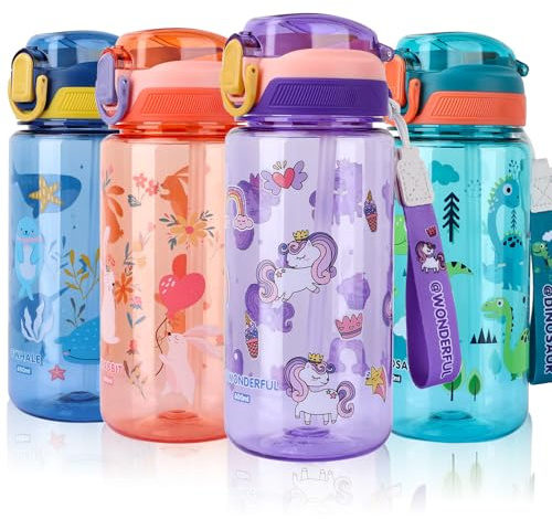 SENBSLAN Kids Water Bottles With Straw,600ml Drinks Bottle for School,Leakproof Children's Bottle BPA free Sport Bottle for Girls Boys (Purple-Unicorn)