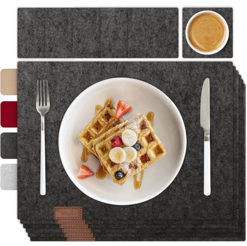 smøla 12-teiliges Premium Filz Tischset inkl. Untersetzer I Platzset Abwaschbar Dunkel-Grau I Platzset Abwischbar Platzdeckchen Set mit Filzuntersetzer für Teller Gläser I Tischdeko Winter, Anthrazit