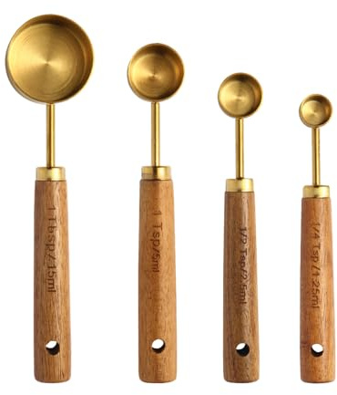 Gold Measuring Cups and Spoons Set of 4, Golden Stainless Steel Measuring Cups with Wooden Handles brass Measuring Spoons Set for Baking Supplies