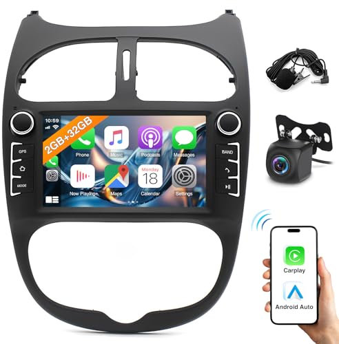 2G+32G Android Autoradio pour Peugeot 206 206CC Cirteon C2 2002-2010 avec CarPlay sans Fil Android Auto,7 Pouces Écran Tactile Radio Voiture avec GPS Bluetooth WiFi FM/RDS USB+Caméra de Recul