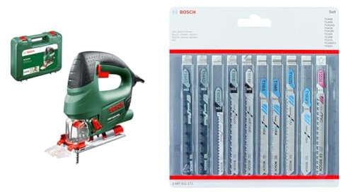 Bosch Home and Garden Jigsaw PST 800 PEL (530 W, in case) + 10-Piece Set Jigsaw Blades Set (for Wood and Metal, Accessories for Jigsaw with T-Shank mounting)