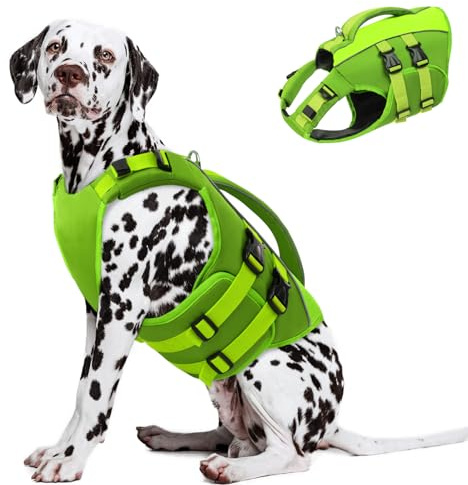 Queenmore Dog Swimming Vest, Reflective Life Jackets Large, Adjustable Dog Life Vest With Rescue Handle, Ripstop Preserver For Sausage,Corgi,French Bulldog,Pug,Pitbull (Green, XL)