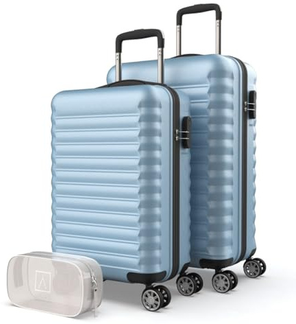 NUMADA-Juego de Maletas Rígidas 3pzs. Maleta Cabina 53cm, Maleta Mediana 63cm y Neceser. Set de Maletas de Viaje ABS Eco Friendly, 4 Ruedas Dobles, Resistentes, Ligeras y Seguras (Azul Claro)