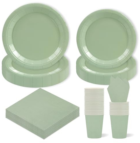 Salbei Grün Partygeschirr, 96 Stück Pappteller Sets, Party Pappteller Becher Servietten Partyteller Partyset Süße Party, für Babypartys, Geburtstag,Hochzeiten,Muttertag