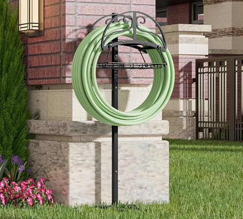 CALIDOLA Organizzatore da Giardino Autoportante per Tubo Flessibile con Cestino di Stoccaggio - Supporto per Tubo Nero con Rivestimento a Polvere Resistente, Design Staccabile per Tubi da 45,7 m