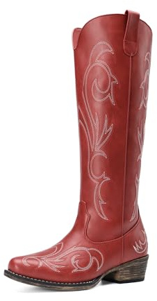 DREAM PAIRS Women's Cowboy Knee High Western Boots,Red,5