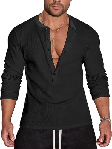 Agilelin Maglietta Henley 5 Bottoni,Elegante Shirt Manica Lunga,Camicia Girocollo Moda（Black/M）