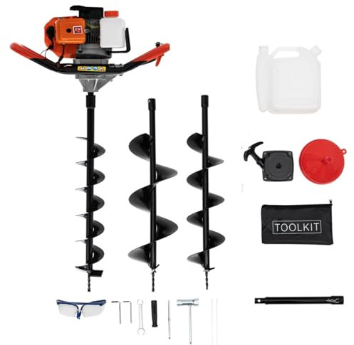 52CC 2 Stroke Petrol Earth Auger 14600W 1.98HP Fence Post Auger 8500RPM Post Hole Digger, CDI, 3 x Drill Bits Diameter(10,15,20cm), Extension Bar 30cm