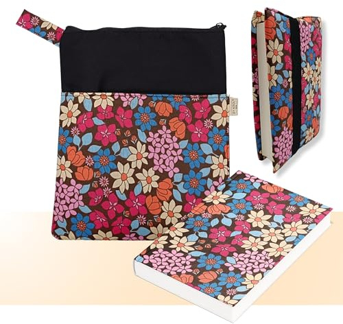 Funda Libro - Funda Libros Lectura - Pack 2 Fundas para Libros - Regalo para Lectores - Funda para Libro de Tela - Fácil de Limpiar, Cremallera, Bolsillo Lateral + Protector Ajustable - Flores Rosa