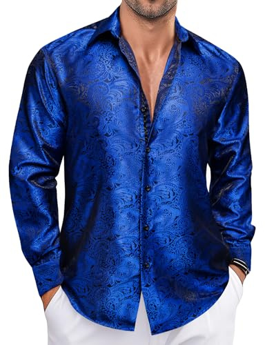 Ailisus Chemise en soie pour homme - Motif cachemire - Manches longues - Boutonnée - Style western décontracté - Pour fête, mariage, bleu marine, XXL
