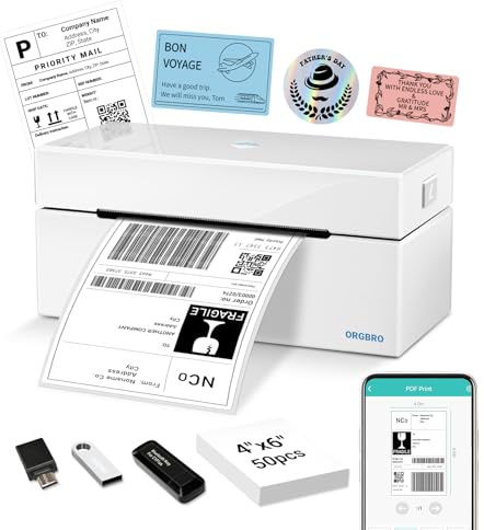 ORGBRO Impresora Termica Z1 Plus Bluetooth Impresora de Etiquetas de Envío 4x6 Impresora Etiquetas Autoadhesivas Etiquetadora Ideal para Pequeñas Empresas, Compatible con Amazon, Ebay, Shopify, Blanco