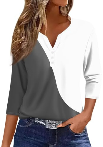 WDCHAOYUE Festliche Blusen Damen,T Shirts Mädchen Henley Ausschnitt Work Baumwolle 3/4 Arm Mit Blumenmuster Legerer Locke Blusentop Damene Herbst Übergröße Knopfleiste Weich