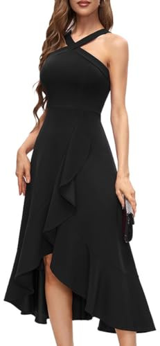 AOWVUTS Robe de Cocktail Femme Robe de Soirée à Volants sans Manches avec Bretelles Robes Mi Longue Fluide de Mariage Elégant pour Fête Bal Promo Cérémonie