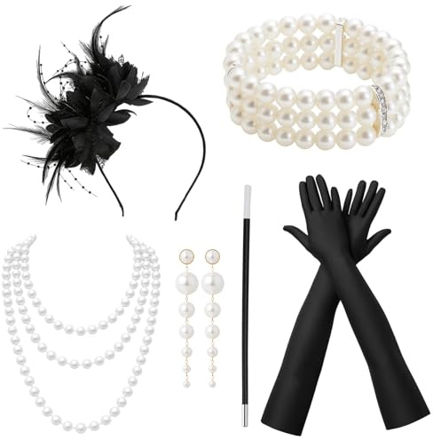 Lot de 6 accessoires des années 20, années 1920, accessoires pour femme, accessoires gatsby, accessoires pour femme de 20 ans, avec bandeaux, gants, boucles d'oreilles, colliers, élégants, fête, bal