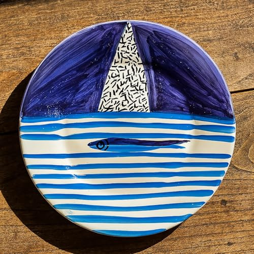 Piatto piano in ceramica stile Vietrese Ø 24 cm dipinto a mano con decorazione marina artigianale | Ceramica artigianale mediterranea per tavola elegante, cucina o arredamento murale 0108251200
