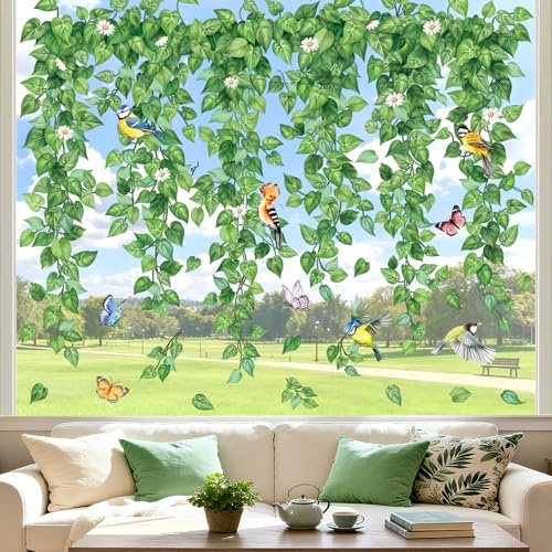 decalmile Spring Hanging Green Vine Double Sided Window Clings Leaves Plants Birds Anti-Collision Glass Doors Window Stickers Decals