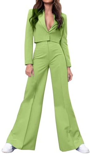 Generisch Women's Two Piece Trouser Suit with Cropped Blazer and Flared Trousers - Elegant and Modern Wide Leg Suit | Stylish Set for Parties and Special Occasions, Style_h02 Green, M