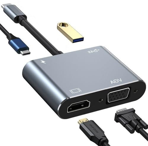 USB C to HDMI VGA Adapter, 4 In 1 USB-C Hub with 4K HDMI/VGA/PD 100W/USB 3.0, USB Type-C Splitter Adapter for MacBook Pro/Air, More Type C Devices