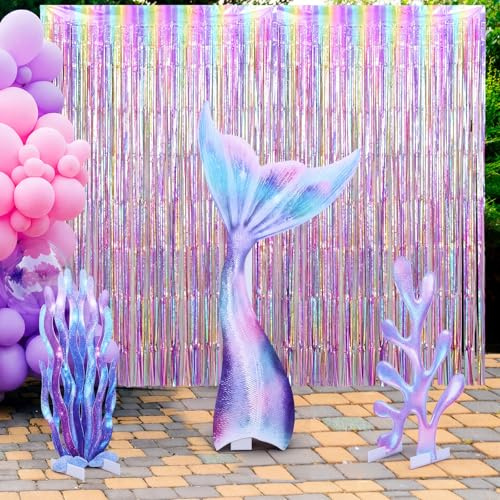 Thyle 5 Pcs Large Mermaid Party Decorations Photo Props Stand up Under the Sea Party Decorations Mermaid Tail Waterweed Cutouts Foil Fringe Curtain for Summer Ocean Birthday Baby Shower Favor