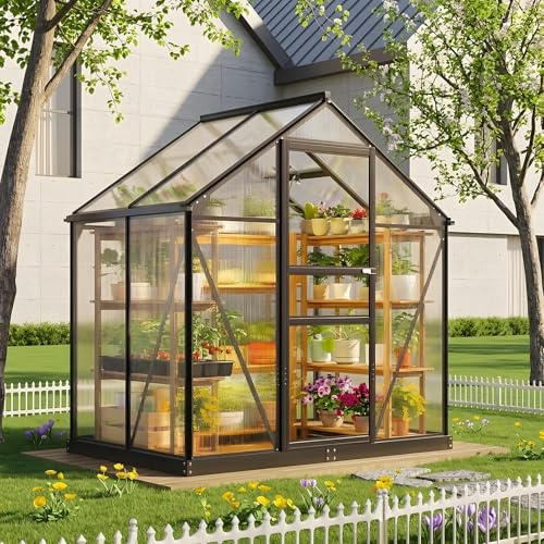 Superlele Heavy Duty Walk-in Greenhouse for Outdoor, 6x4FT Polycarbonate Greenhouse with Heavy Duty Aluminum Frame, Lockable Door and Adjustable Roof Vent, Hollow Wall Panels for Winter Gardening