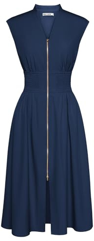 GRACE KARIN Casual Dresses for Women Business Work Office Midi Dress | Cap Sleeve,Sleeveless,Zipper Front,Smocked,V Neck,Knee Length,Flowy,Formal,Professional,Wedding Guest