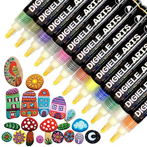 DIGIELE Rotuladores de Pintura Acrílico para Piedras, 12 Colores Permanente Marcadores Dibujar en Ceramica, Metal, Plastico, Porcelana, Tazas & DIY Art, Set de Marcadores de Regalo para Niños