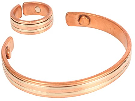 Touchstone Realizzato a mano in rame magnetico forgiato a mano con filo a spirale solido e alto calibro intrecciato modello minimalista Eleganza pura Bracciale in rame e anello identico in due toni