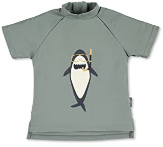 Sterntaler Badeshirt Kurzarm Hai Print - UV-Schutz 50+ Schwimmshirt mit Stehkragen - Jungen UV Shirt mit unterlegtem Reißverschluss hinten - Badebekleidung, mattgrün, Größe 104