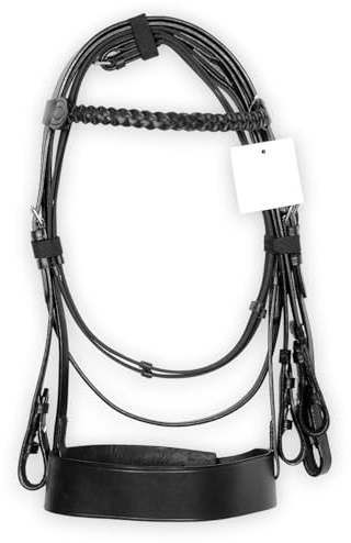 Horse Riding Hunter Bridle Plaited Browband and 2'' Noseband with Strong Anti slippery Reins and Stainless Steel Fittings - Racing Jumper Ring Show Para-Equestrian Training Equipment (BLACK) (X-FULL)