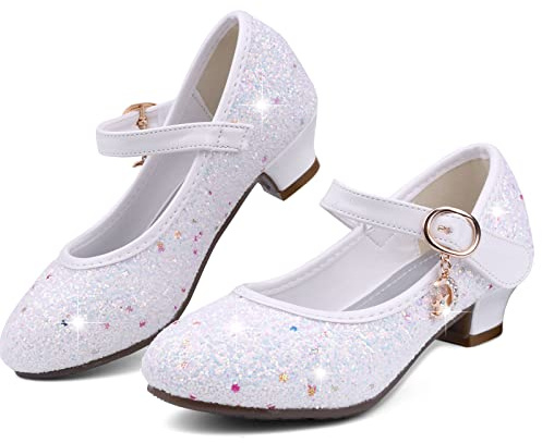 KUWIBY Girls Princess High Heel Sandals,Bowknot Sequin Dress Shoes White