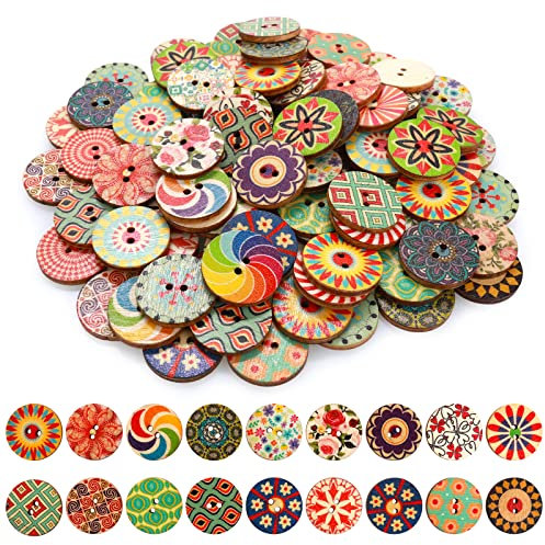 Abeillo 100 Stück Retro Holzknöpfe Bunt, 2 Löcher Rund Holz Nähen Kinderknöpfe für Bastelprojekte DIY Basteln Malerei (Vintage, 20MM)