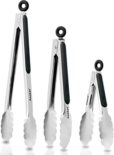 Anaeat Premium Kitchen Locking Tong Set of 3 - Heavy Duty Stainless Steel Food Tongs with Long Handle & Non-Slip Silicone Grip for Cooking, Baking, Grilling - Heat Resistant up to 480°F