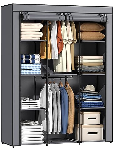 HODYANN Portable Closet, Wardrobe Closet with 10 Storage Shelves and 2 Hanging Rods, Non-Woven Fabric Cover, 52.4 x 18.1 x 66.6 Inches Closet Organizer for Bedroom, Gray