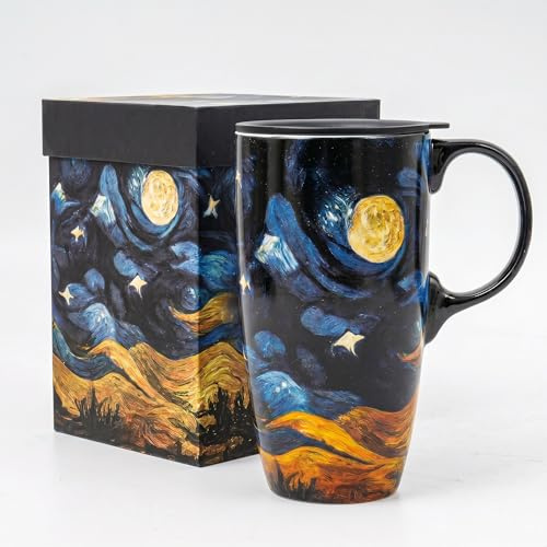 DUSVALLY 500ml Tall Coffee Mug w/Lid, Starry Night Inspired Art Porcelain Latte Cup, Microwave Safe Matching Gift Box