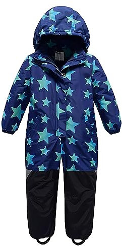 linboo Unisex Kinder Schneeanzug mit Kapuze Gefüttert Skioverall Wasserdicht Winddicht Schneeoverall Warm Skianzug für Jungen Mädchen, Stern Blau, 140