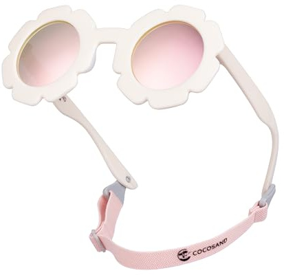 COCOSAND Toddler Sunglasses with Strap Polarized Flower Soft Silicone Nose Pads for Kids Baby Girl Age 2-6 Year Old, Bright White