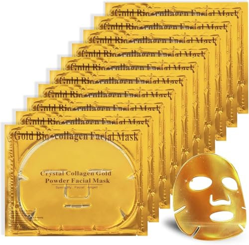 10 x 24K Gold Bio Collagen Face Mask Crystal Gold Powder Gel Facial Masks Anti Ageing Hydrating Moisturizing Brightening Skincare for All Skin Types