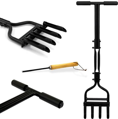 Crystals 4 Prong Hollow Tine Lawn Long Handle Aerator, 18mm Dia Prongs for Aerating Boggy Grass, Airing Tool with Hollow Tine, Lawn Garden Core Aerator Cleaning Tool - Black
