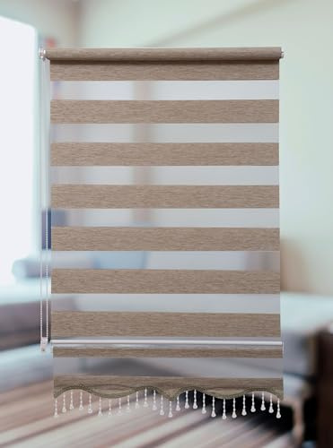 PlisseeOnline Doppelrollo Klemmfix ohne Bohren Braun mit Perlen Duo Rollo für Fenster und Türen Plissee Rollo Gardine 140 x 150 cm Blickdicht Klemmrollo mit Perlen Seitenzugrollo