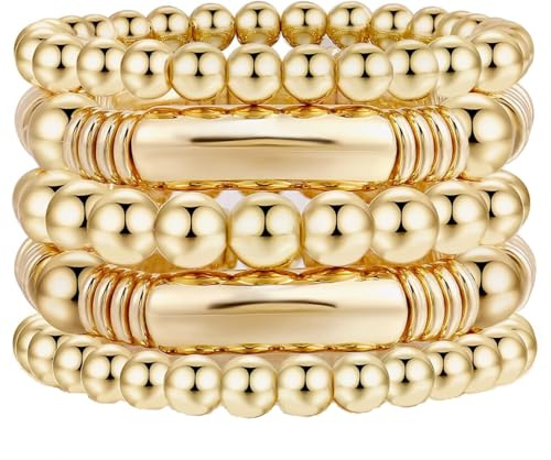 CYWQ Women's Chunky Curved Stacking Gold Bead Ball Bracelets - Stretchable Gold Bracelets