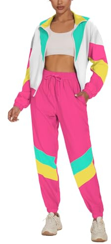 UOUA Women's Color Block 2 Piece 80s 90s Outfits Long Sleeve Windbreaker Jacket Tracksuit Set PinkWhite L