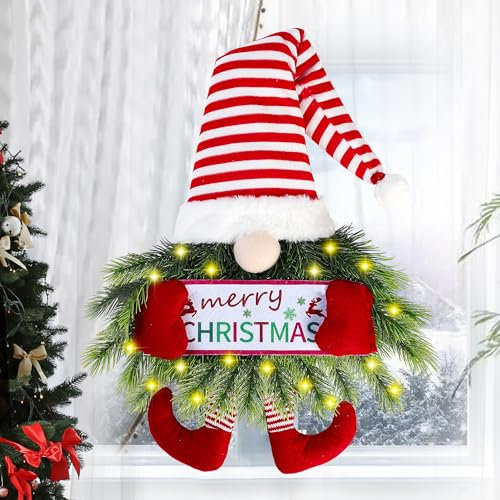 Sggvecsy Ghirlanda natalizia con gnomo con luci, Babbo Natale, gnomo, cartello natalizio da appendere alla porta d'ingresso, decorazione artificiale in abete rosso, decorazione da parete per interni